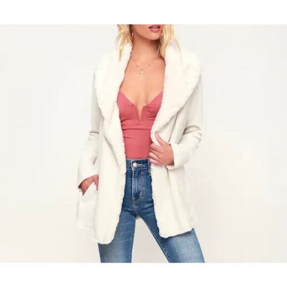 Jack By BB Dakota Medium Ivory In The Mix Drape Faux Fur-Lined Coat Cotton Blend